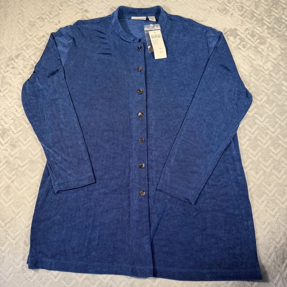 Chico's Travelers Blue Asian Inspired Mandarin Collar Tunic Top Size XL (3) NWT